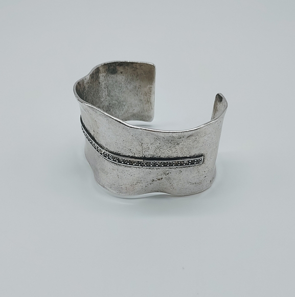 Silver Tone Wide Distressed Modernist Crystal Cuff Bracelet - Picture 8 of 12